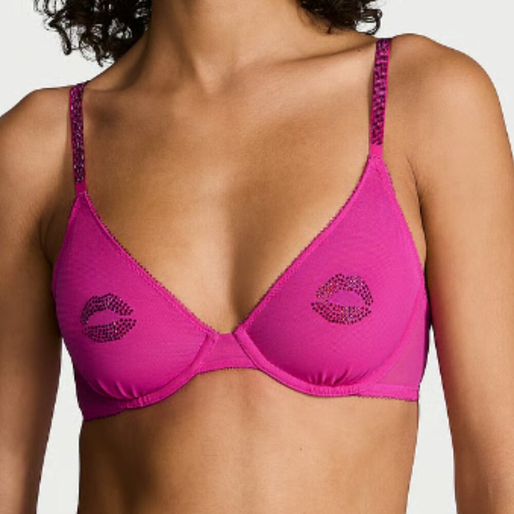 Victoria's Secret Rhinestone Bra 38D Women Plus size New VS crystals pink lips